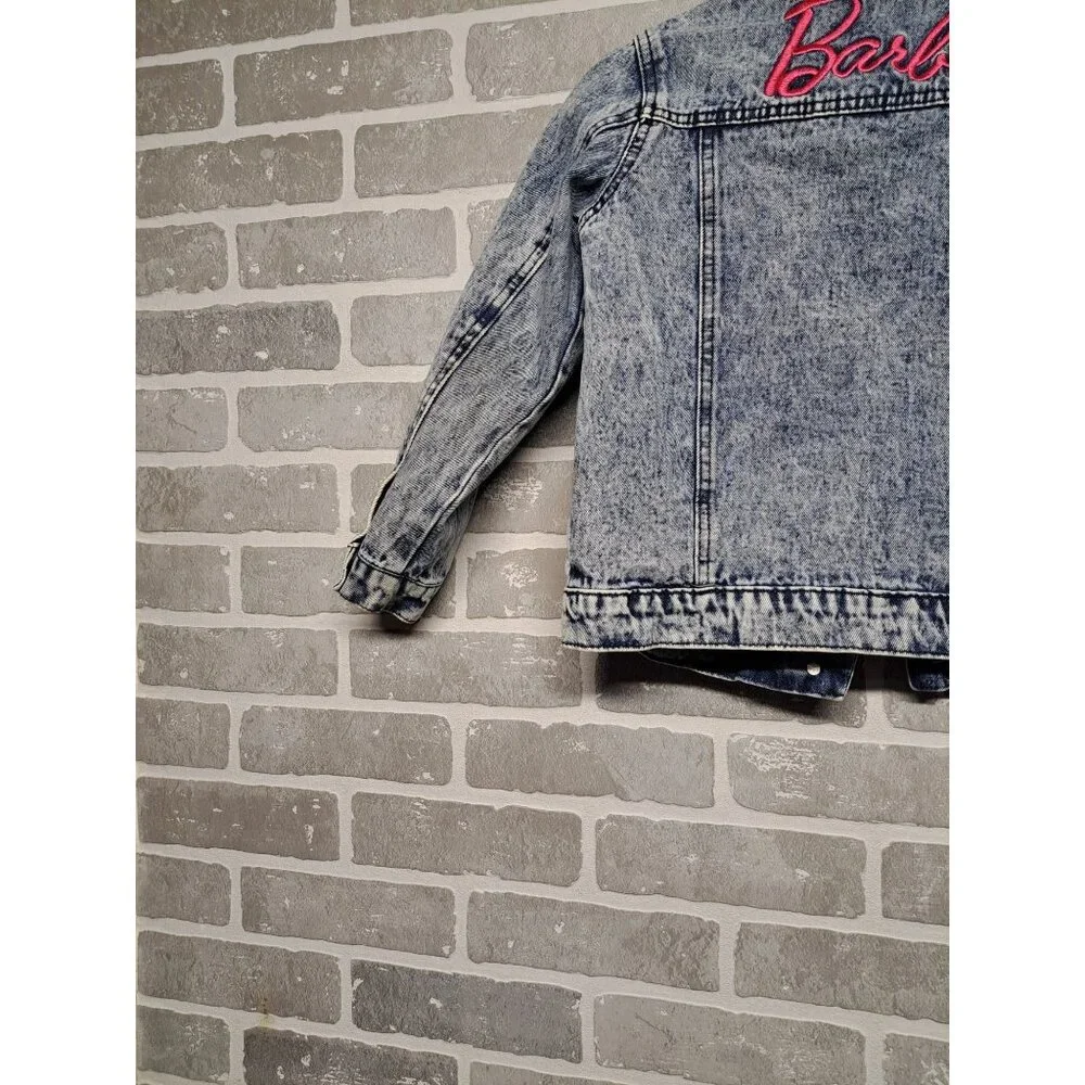Barbie Girl's Blue Acid Wash Pink Embroidered Jean Denim Jacket Girl Size Medium